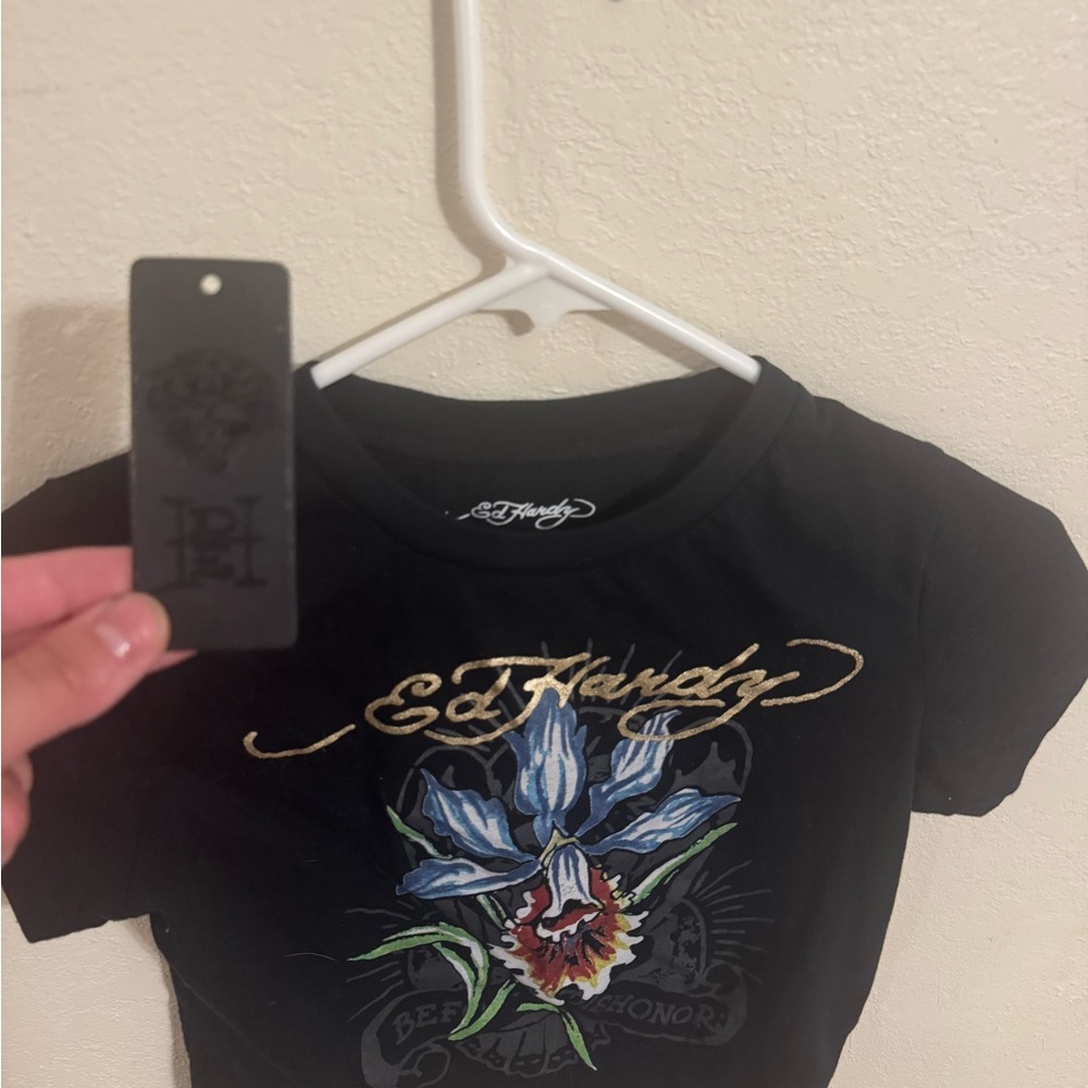 Ed Hardy Black Tee with Blue and Gold Design